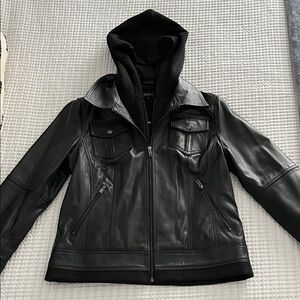 Black Leather Jacket with zip-in sweatshirt Hood